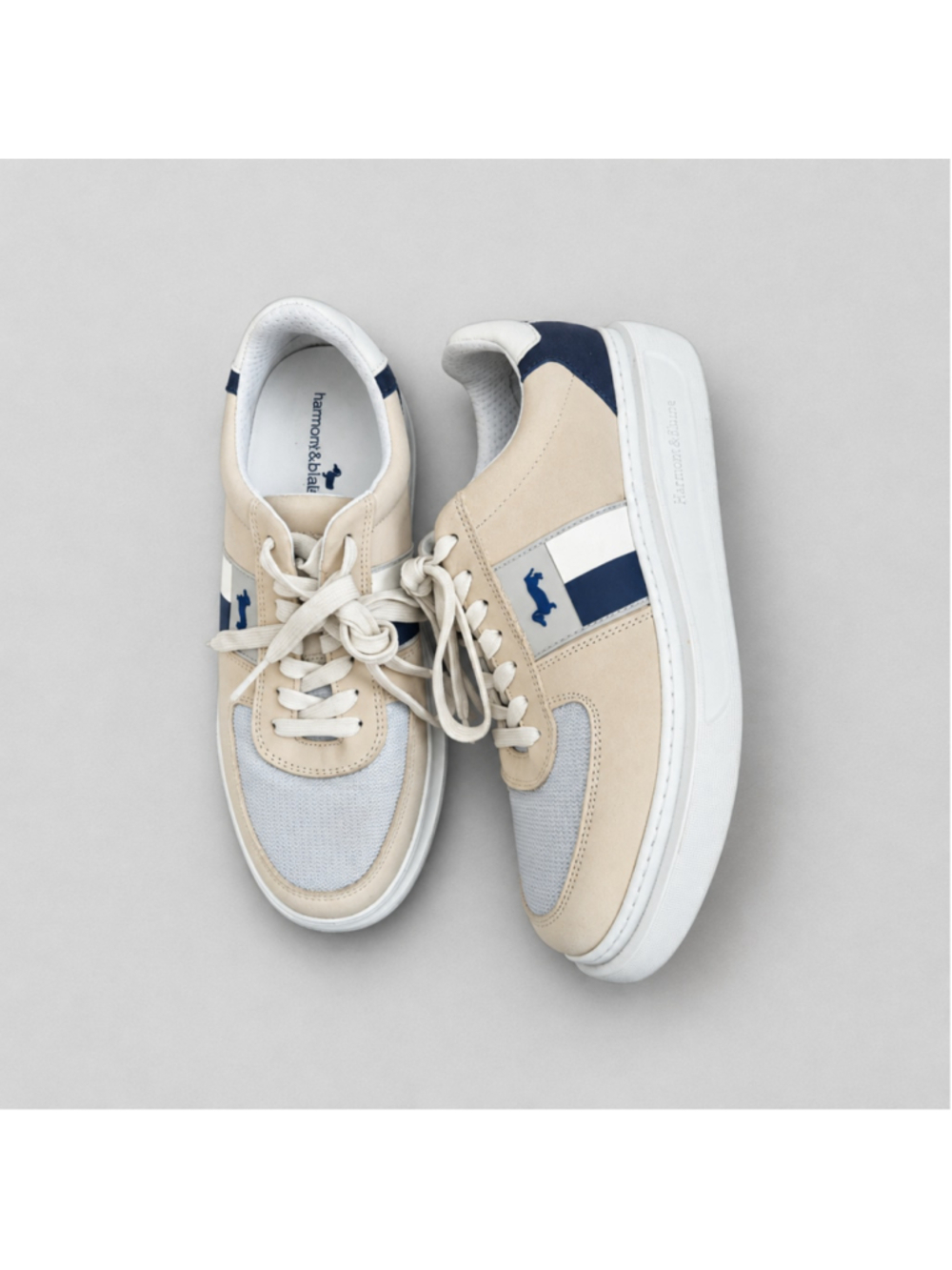 Men's Harmont & Blaine Sneakers in Beige and Blue with Side Logo